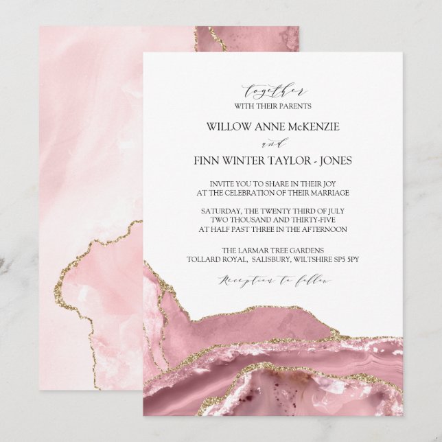 Invitation Rose vif Agate Mariage moderne (Devant / Derrière)