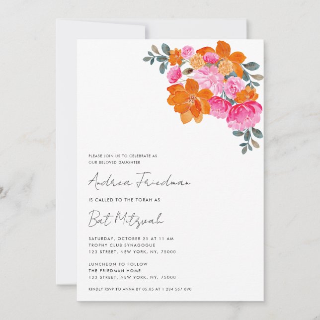 Invitation Rose vif floral orange Bat Mitzvah vibrant      (Devant)