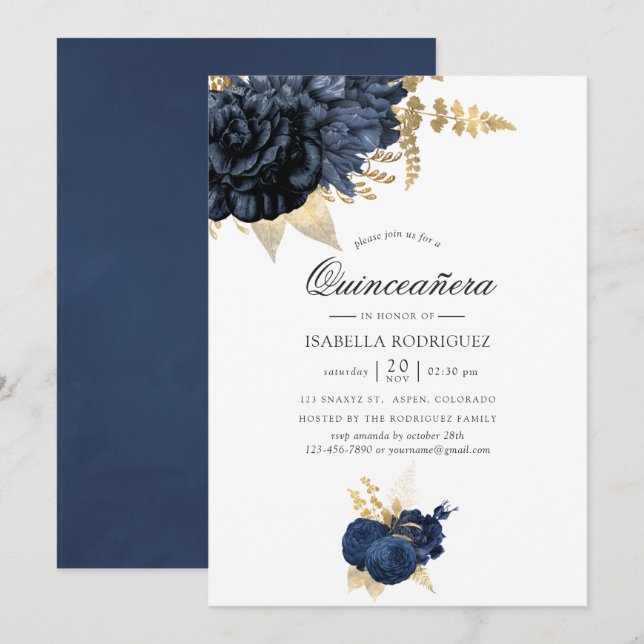 Invitation Rose Vintage bleu marine et or Quinceañera (Devant / Derrière)