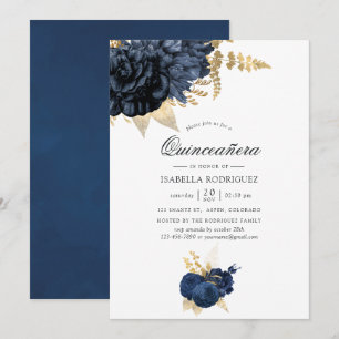 Invitation Rose Vintage bleu marine et or Quinceañera