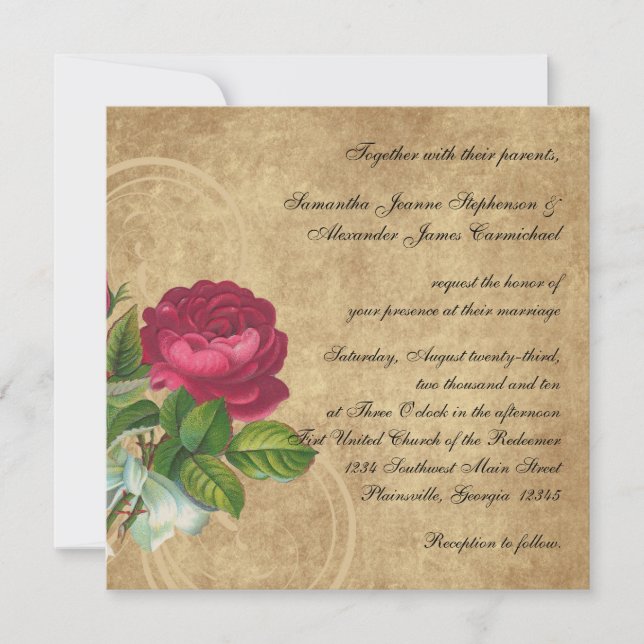 Invitation Rose Vintage élégant, Magenta/Brown (Devant)