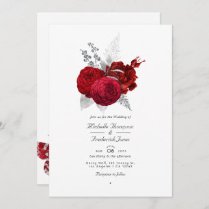 Invitation Rose Vintage rouge et argenté Code QR Mariage RSVP