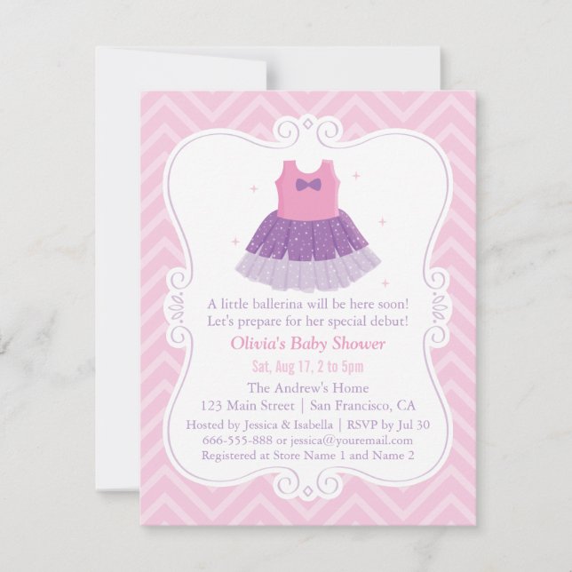 Invitation Rose violet Ballerina Tutu Robe fille Baby shower (Devant)
