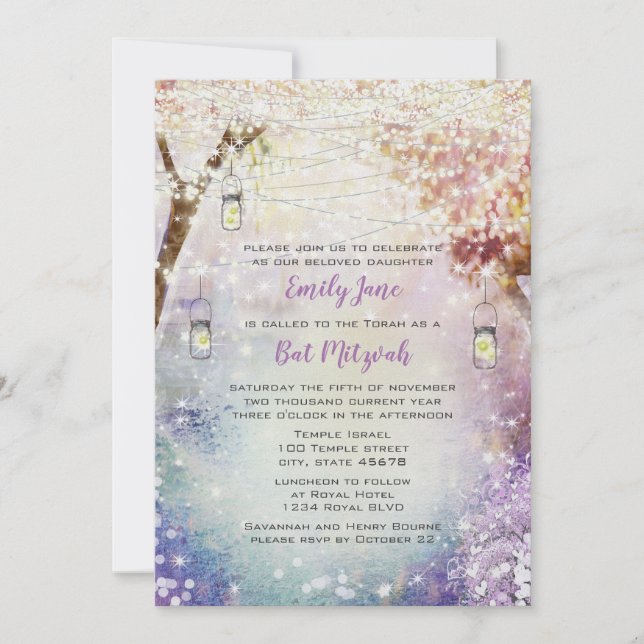 Invitation Rose violet bleu Fairy Lights Boho Forest (Devant)