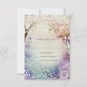 Invitation Rose violet bleu Fairy Lights Boho Forest Mariage