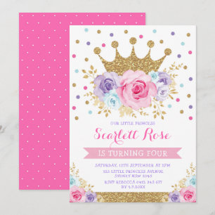 Invitation Rose violet bleu Floral Couronne Princesse Anniver