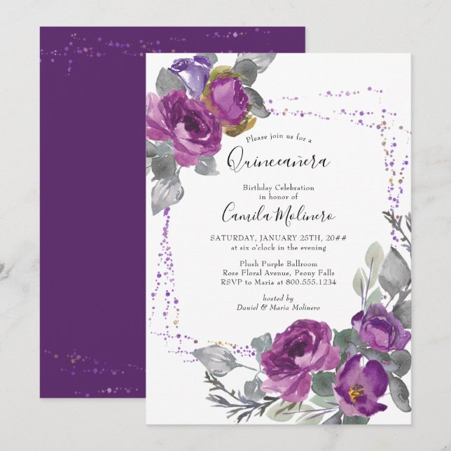 Invitation Rose violet Confetti Frame Floral Quinceanera (Devant / Derrière)