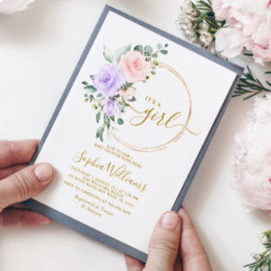 Invitation Rose violet et Baby shower de couronne or rose