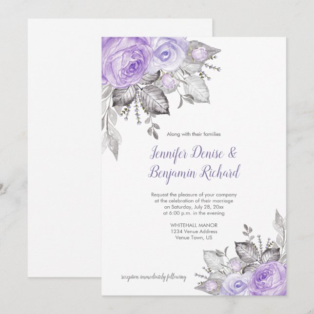Invitation Rose violet Feuilles d'argent - blanc - Mariage | (Devant / Derrière)