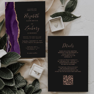 Invitation Rose violet Gold Agate Dark QR Code Mariage