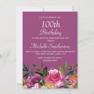 Invitation Rose violet jaune Floral 100e anniversaire