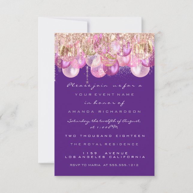 Invitation Rose Violet Mariage Doux 16ème Paillettes Roses (Devant)