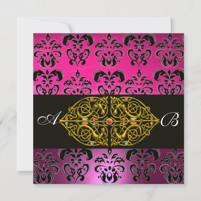 Invitation ROSE VIOLET NOIR  DAMAS MONOGRAMME ,or (Devant)