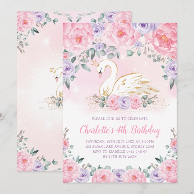Invitation Rose violet or Swan Princesse Anniversaire (Devant / Derrière)