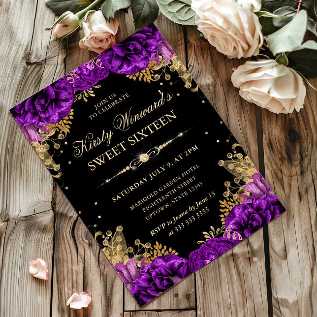 Invitation Rose violet or Sweet sixteen Floral (Créateur téléchargé)
