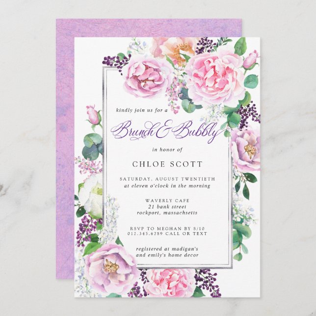 Invitation Rose violet Rose Floral Brival Brunch Bubbly (Devant / Derrière)