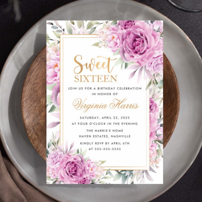 Invitation Rose violet Sweet sixteen floral 16 Anniversaire (Créateur téléchargé)