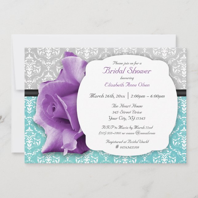 Invitation Rose violet Turquoise Damask Bridal  (Devant)
