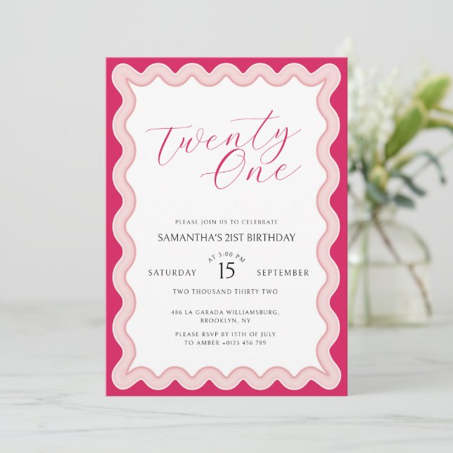 Invitation Rose Wavy Curvy Squiggly Ladies 21e anniversaire (Debout devant)