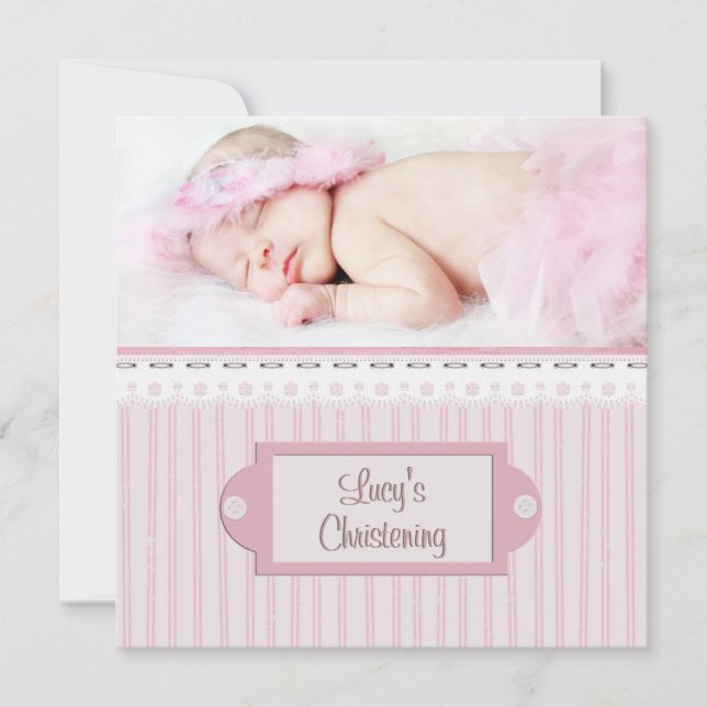 Invitation Rose White Eyelet Girl Photo Baptême Christening (Devant)