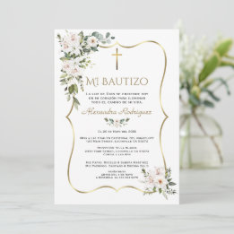 Invitation Rose White Lily Bautizo avec Fleurs Or Baptême 