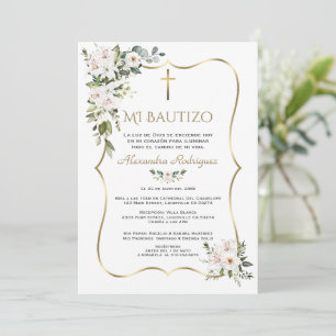 Invitation Rose White Lily Bautizo avec Fleurs Or Baptême