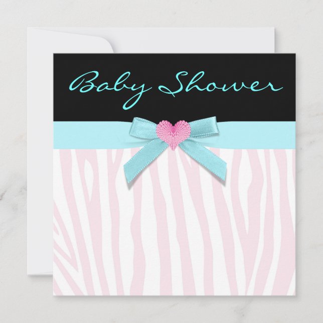Invitation Rose Zèbre Turquoise Coeur bébé fille Douche (Devant)
