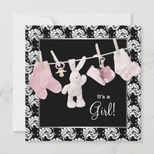 Invitation Rosée Black Clothesline bébé fille Douche