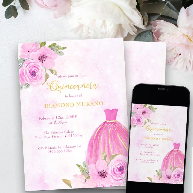 Invitation Rosée et or Florale princesse robe Quinceanera (Quinceanera Invitation from my Galaxy Floral Princess Quinceanera collection)