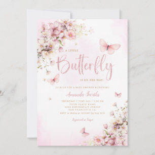 Invitation Rosée Noire Un Petit Baby shower Fille Papillon