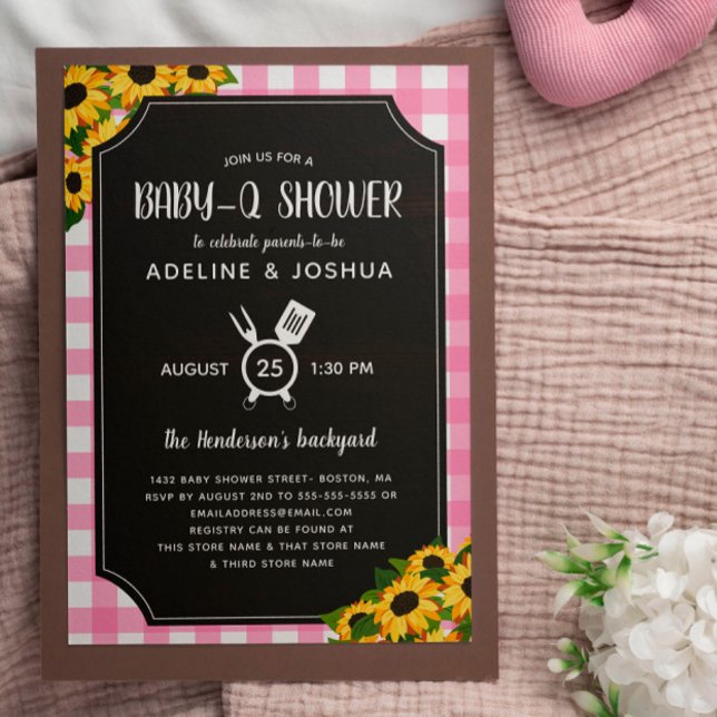 Invitation Rosée Rustique En vichy Fleurs de soleil Fille béb (Créateur téléchargé)