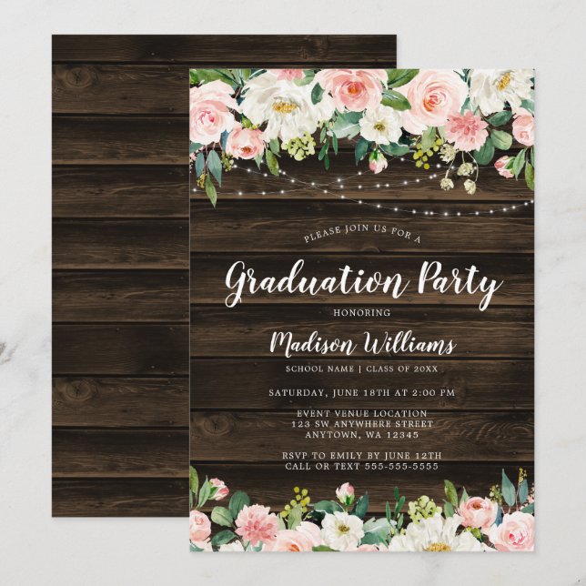 Invitation Rosée Rustique Florale Lights Graduation Party (Devant / Derrière)