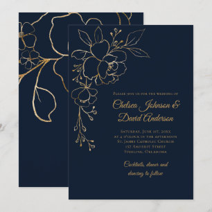 Invitation Roses à croquis d'or sur Mariage bleu foncé