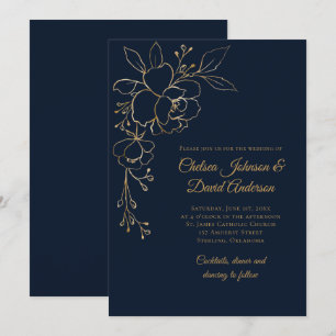 Invitation Roses à croquis d'or sur Mariage bleu foncé