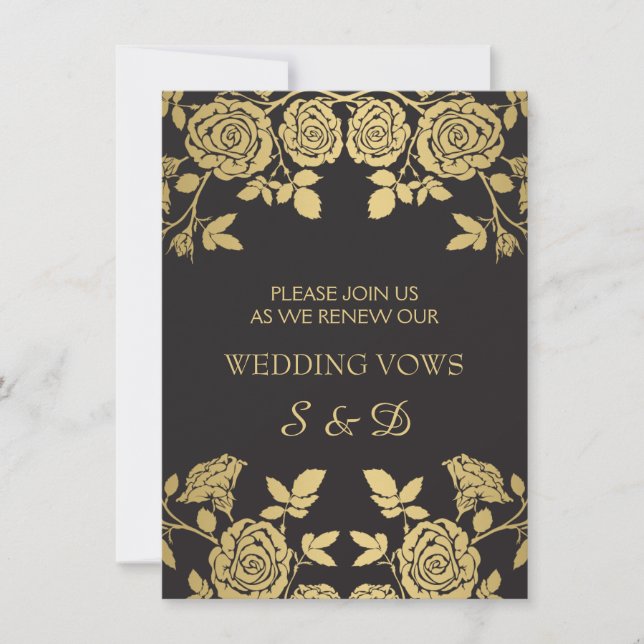 Invitation roses anglais d'or sur le renouveau du vow noir (Devant)
