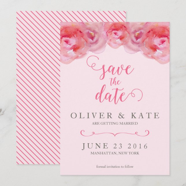 Invitation Roses Aquarelle Rose Save the Date (Devant / Derrière)