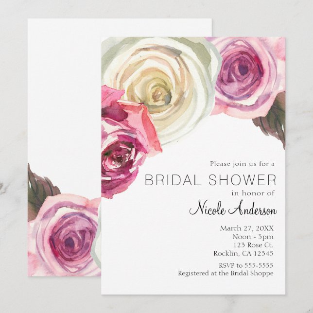 Invitation Roses Aquarelle Roses Roses et Blanc Mariage Chic (Devant / Derrière)