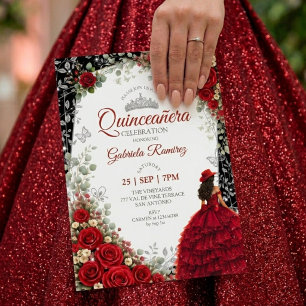 Invitation Roses aquarelle rouges et argent Quinceañera