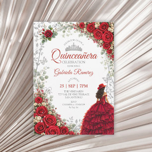 Invitation Roses aquarelles rouges et argent pour Quinceañera
