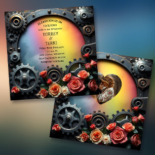 Invitation Roses arc-en-ciel et Mariage LGBT Metal Steampunk