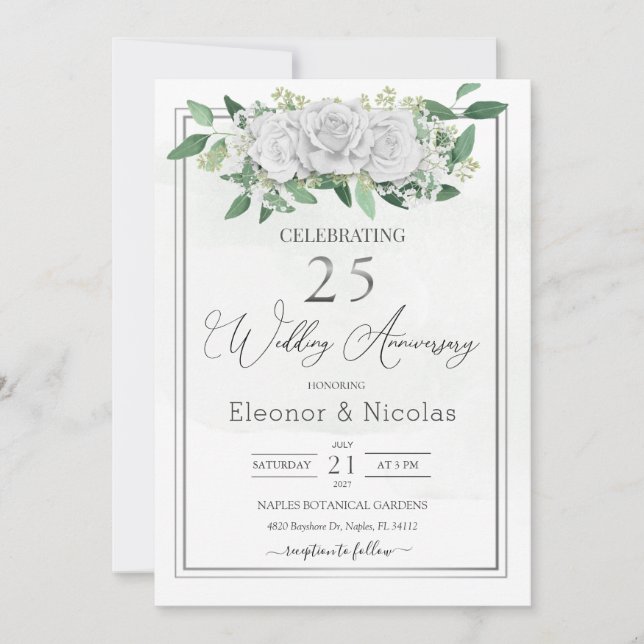 Invitation Roses blanches Anniversaire de mariage 25 ans (Devant)