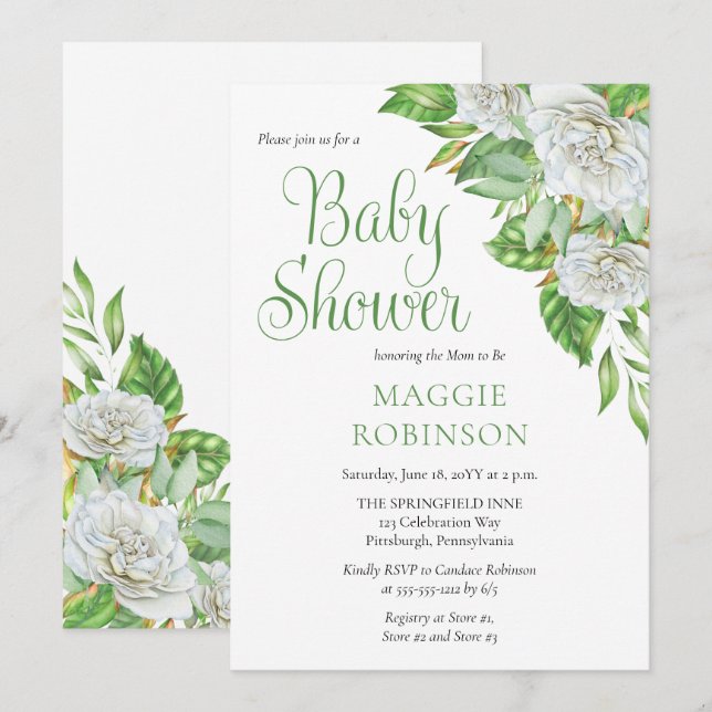 Invitation Roses blanches |Baby shower floral Boho vert fille (Devant / Derrière)