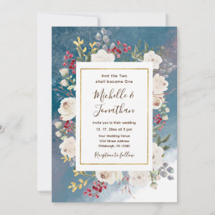Invitation Roses blanches Baies rouges sur Bleu Mariage chrét
