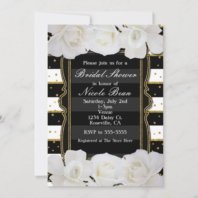 Invitation Roses blanches Bandes noires & Fête des mariées or (Devant)