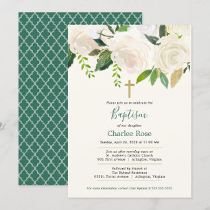 Invitation Roses blanches Baptême bébé et Brunch