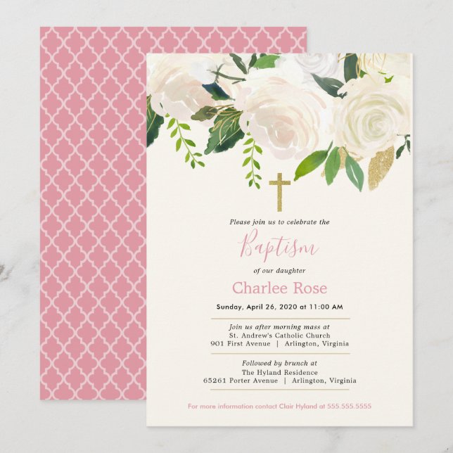 Invitation Roses blanches Baptême bébé et Brunch Rose & Vert (Devant / Derrière)