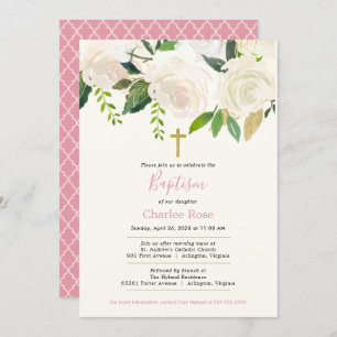 Invitation Roses blanches Baptême bébé et Brunch Rose & Vert