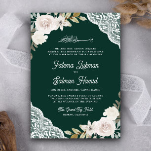 Invitation Roses blanches Broderie Émeraude Code QR Mariage M