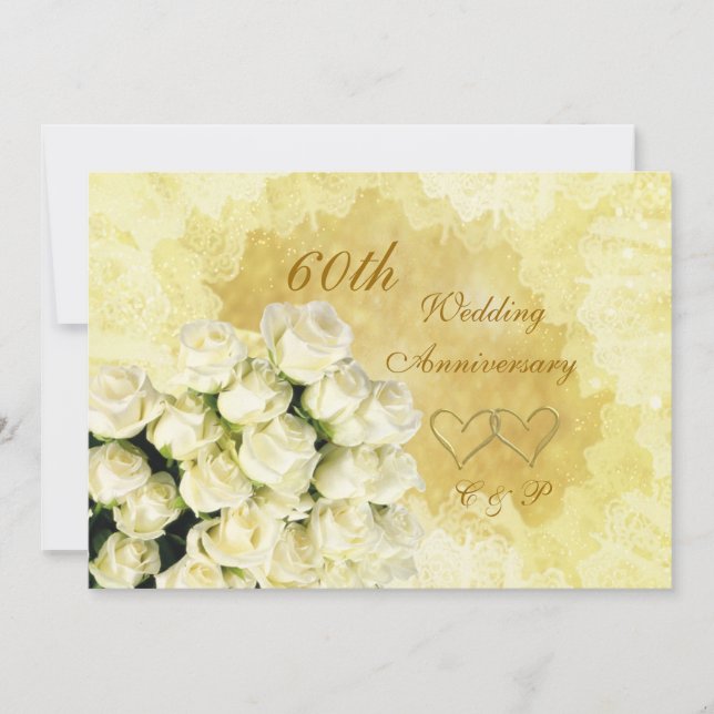 Invitation Roses blanches, coeur 60e anniversaire de Mariage (Devant)