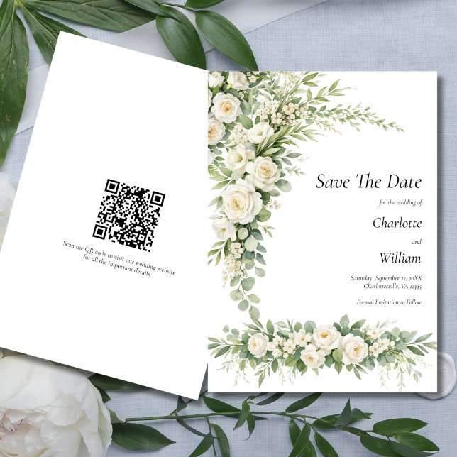 Invitation Roses blanches crème Code QR Enregistrer la date d (White Roses Cream Florals Watercolor Elegant Wedding Save the date card)